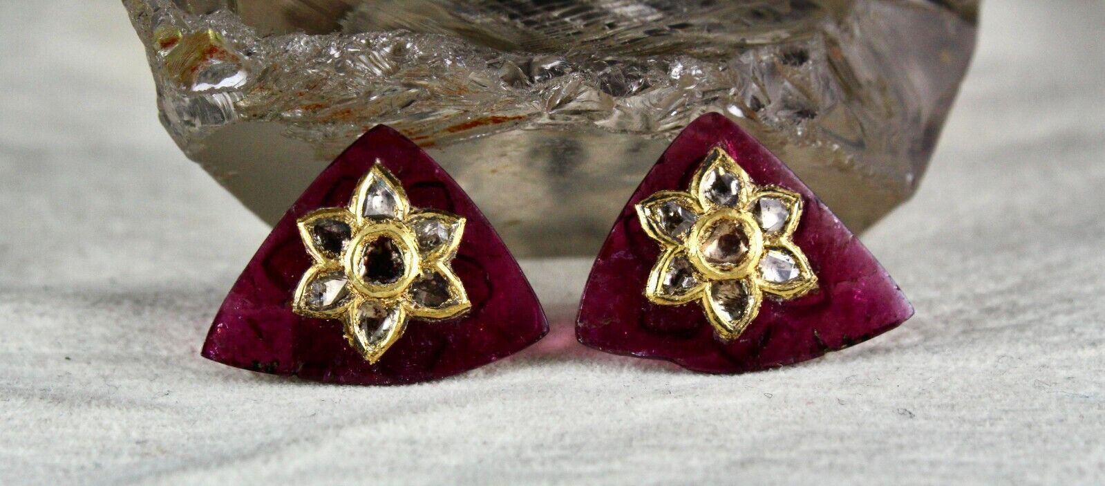 PINK TOURMALINE RUBELLITE DIAMOND 22K GOLD JADAU GEMSTONE PENDANT EARRING DESIGN