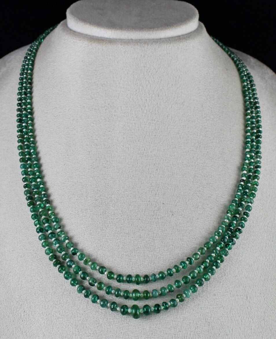 NATURAL ZAMBIA EMERALD PEARL BEADED ROUND 3 LINE 147 CARATS GEMSTONE NECKLACE