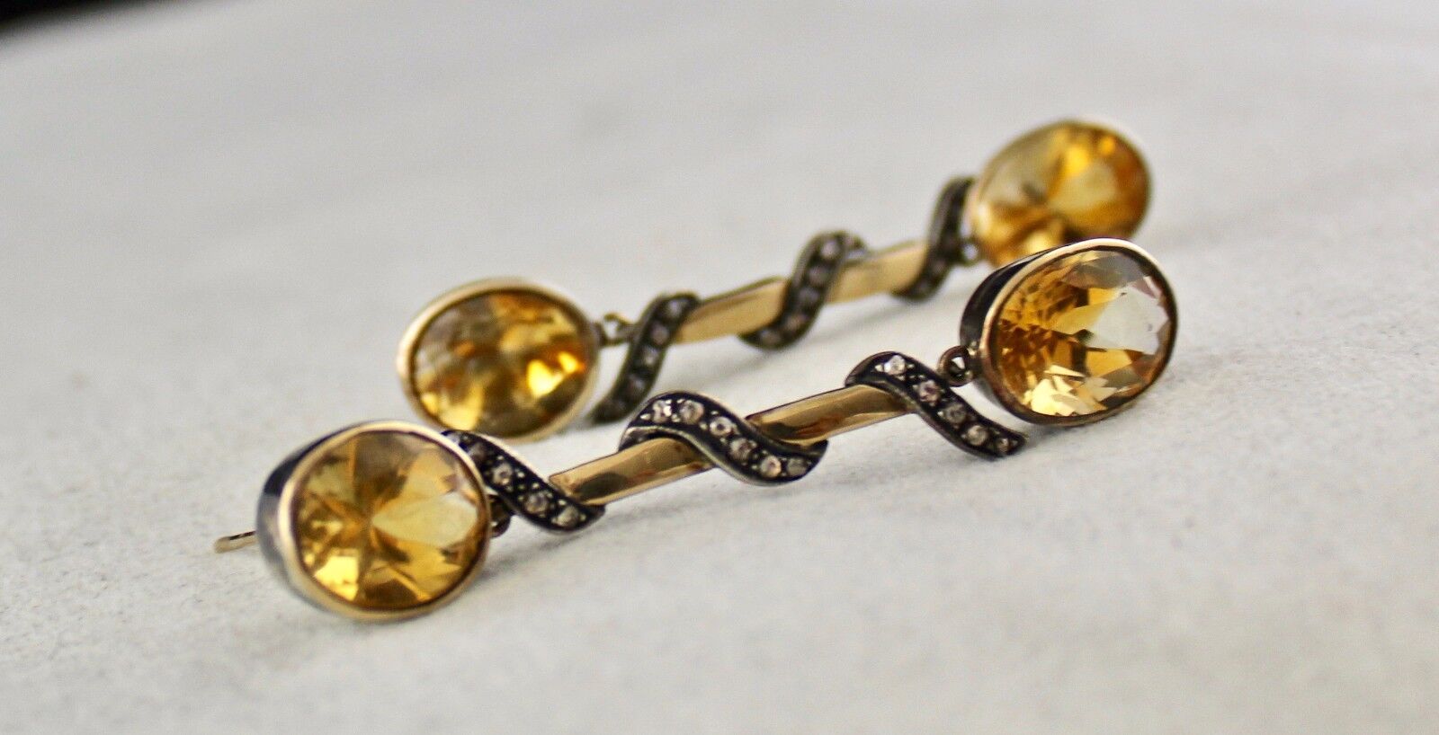 Unique Natural Yellow Citrine Oval Diamond 18K Gold 925 Silver Victorian Earring