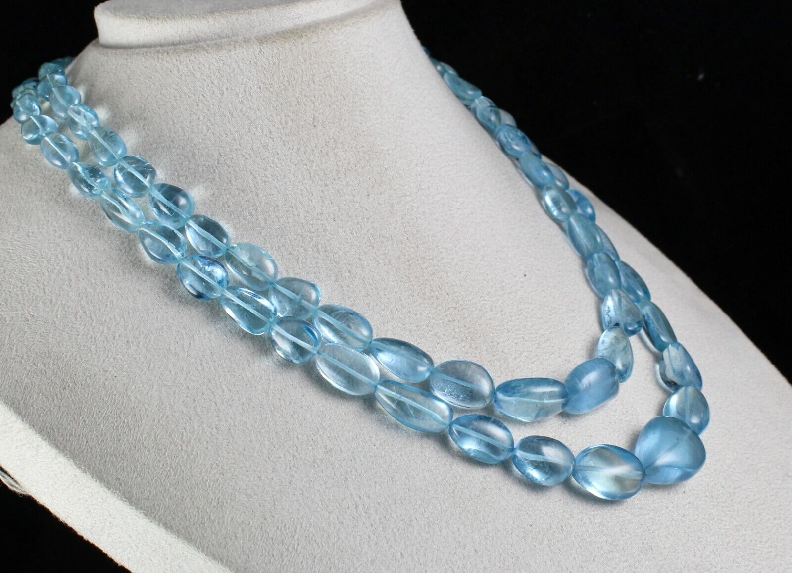 TOP NATURAL BLUE AQUAMARINE BEADS CABOCHON 2 LINE 628 CARATS GEMSTONE NECKLACE