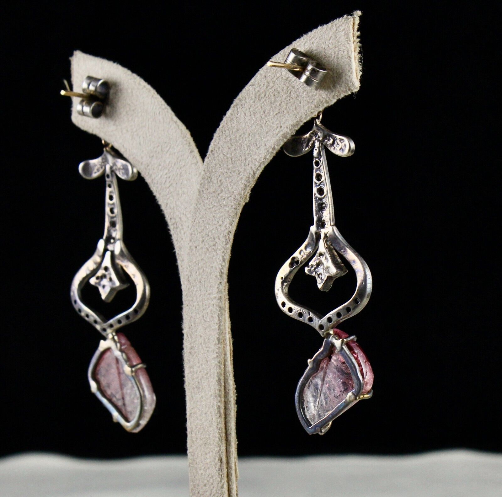 Natural Multi Tourmaline Carved Diamond 18K Gold Silver Victorian Fine Earring