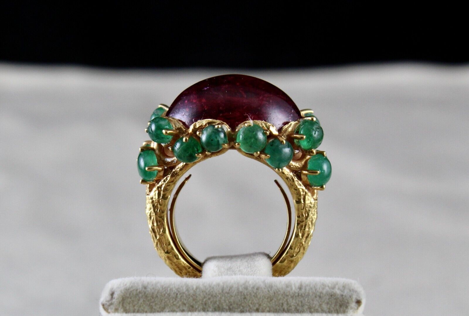 UNIQUE NATURAL PINK TOURMALINE EMERALD CABOCHON CARVED SILVER GOLD PLATED RING
