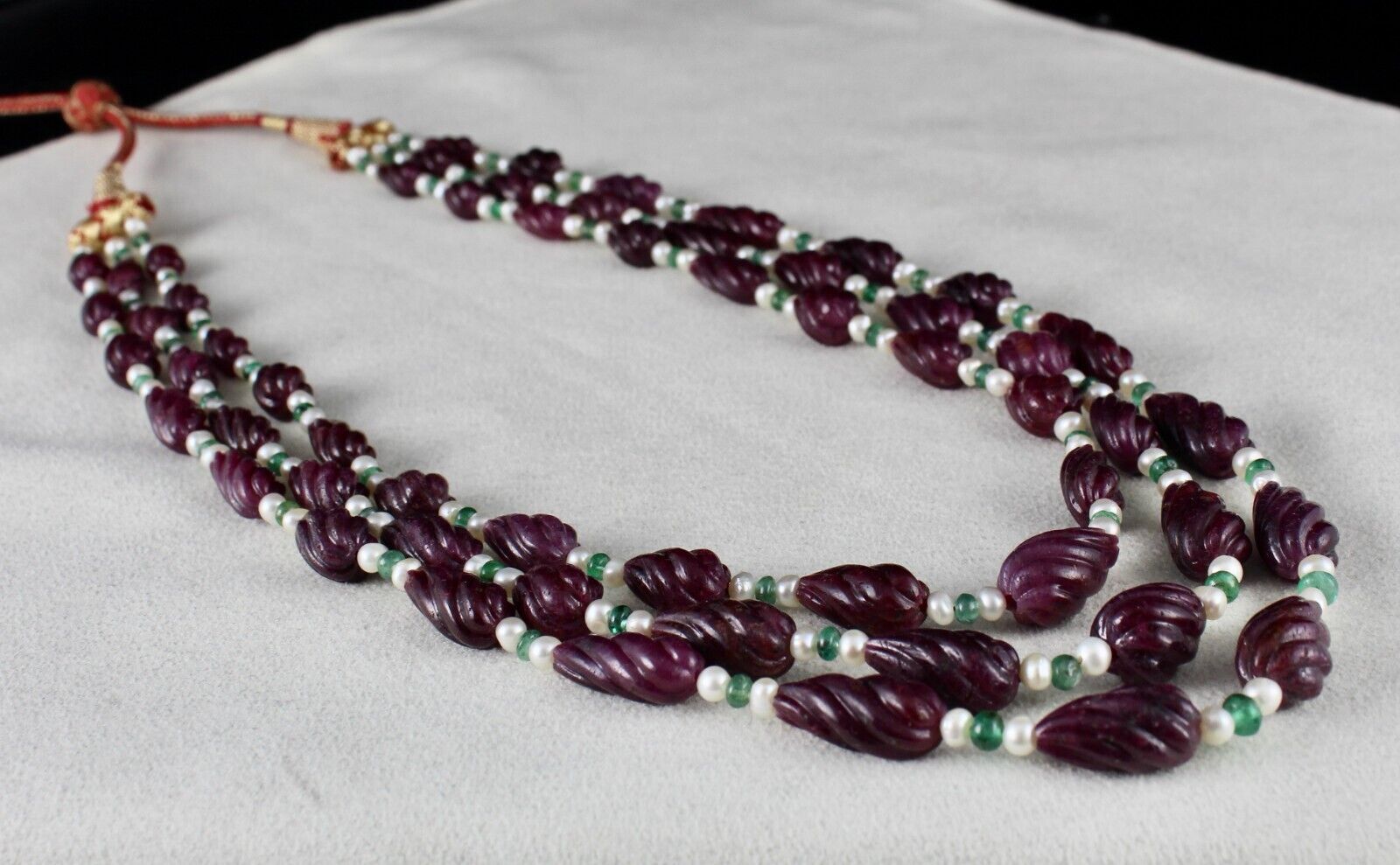 NATURAL RUBY BEADS CARVED TEAR DROPS 3 L 525 CTS EMERALD PEARL GEMSTONE NECKLACE