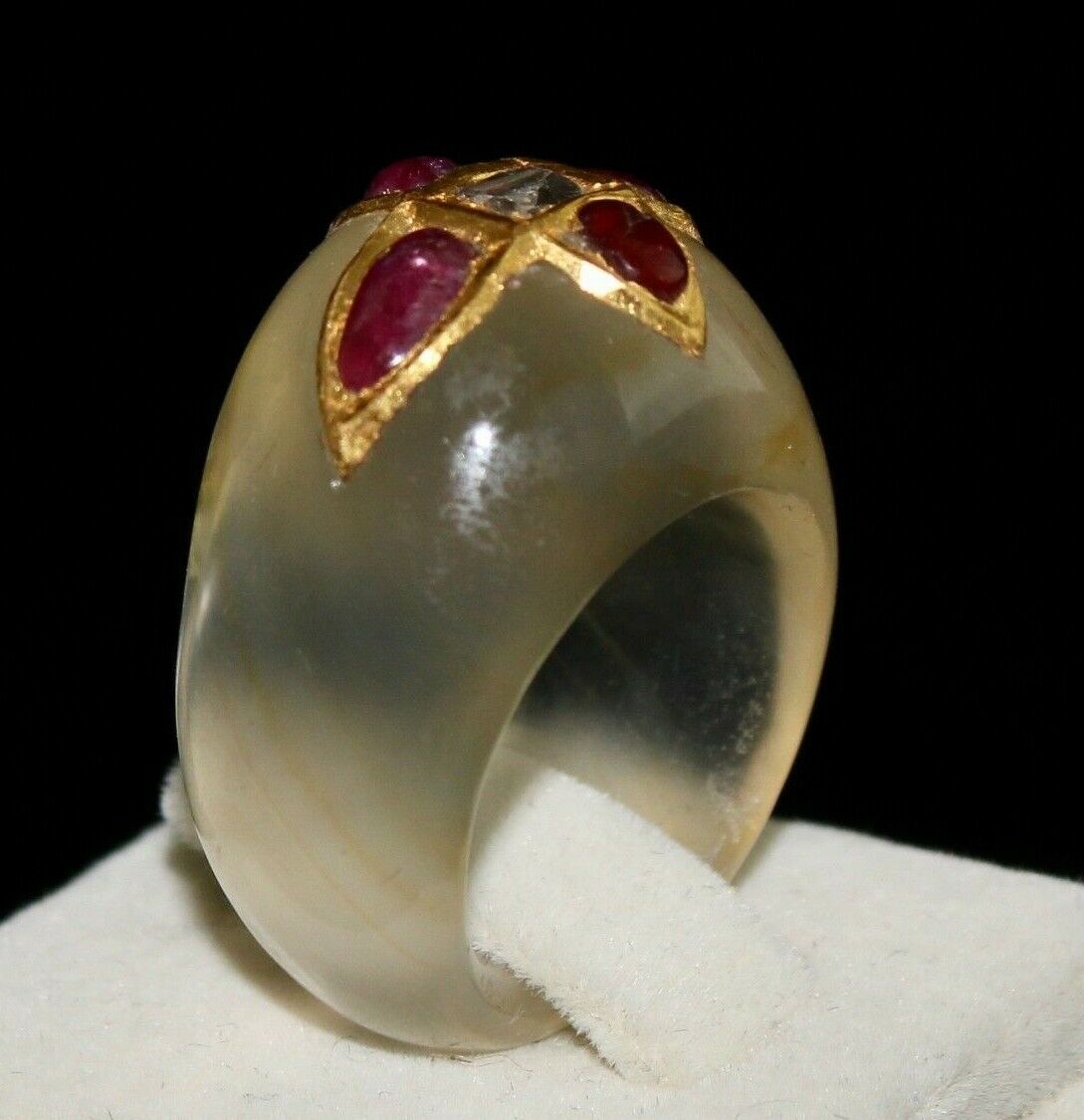 ANTIQUE YELLOW CHALCEDONY GEMSTONE RUBY DIAMOND 22K GOLD CLASSIC STONE RING