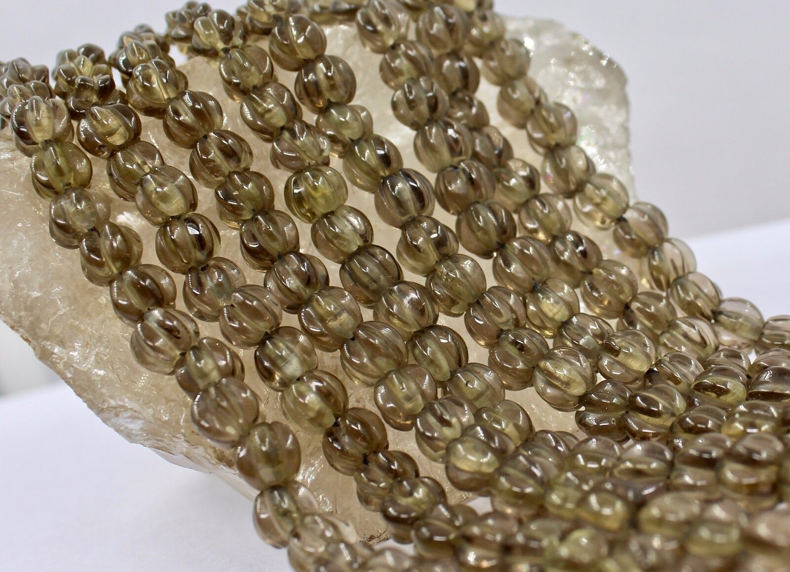 Natural Smoky Quartz Beads Carved Melon 4 L 762 Carats Antique Gemstone Necklace