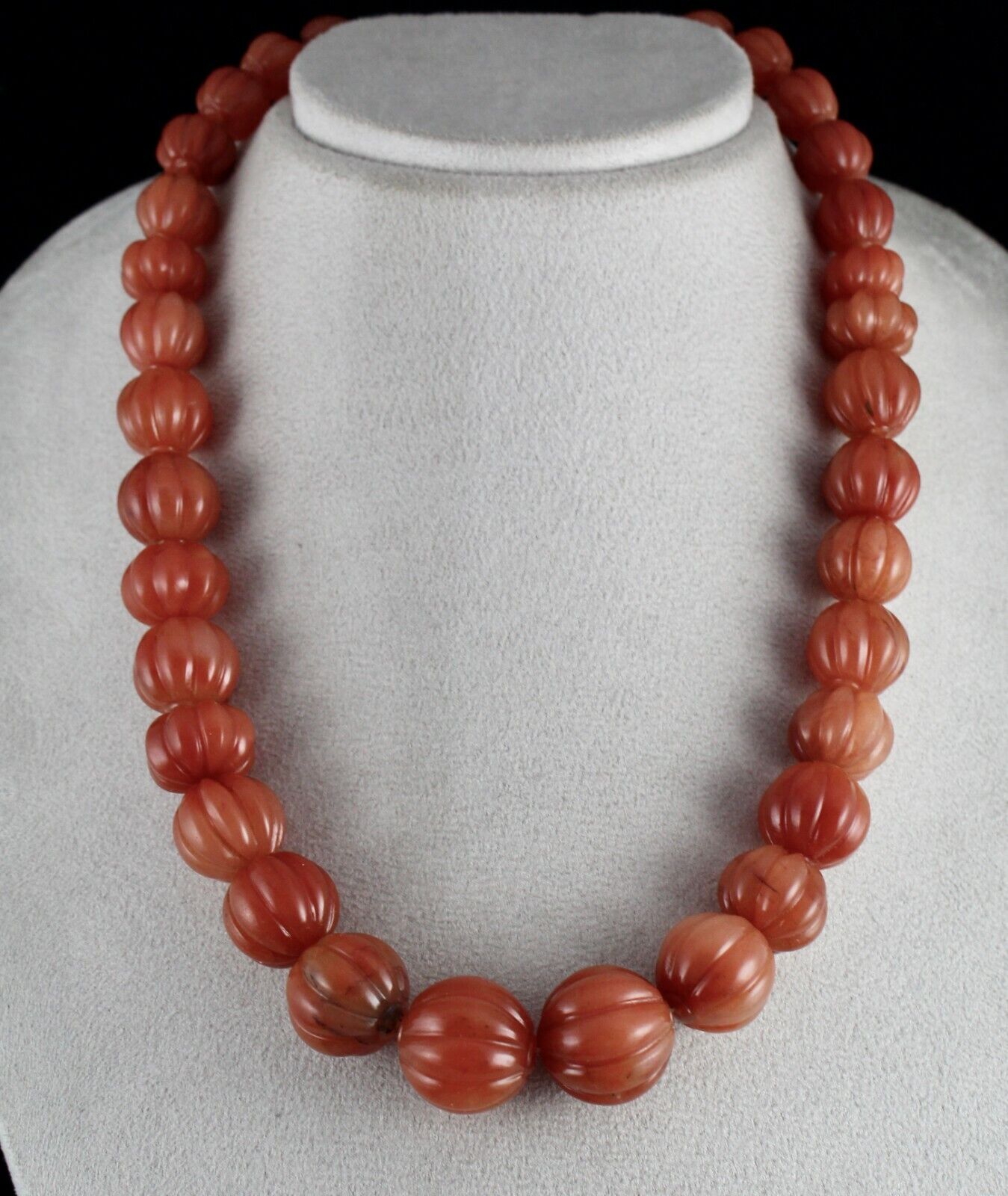 Natural Orange Quartz Carved Melon Beaded Necklace 960 Carats Stone Silver Clasp