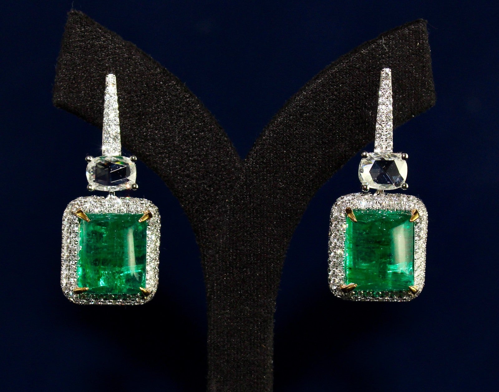 Certified Natural Emerald Cabochon Diamond Earrings 18k Gold Dangle Fine Jewelry