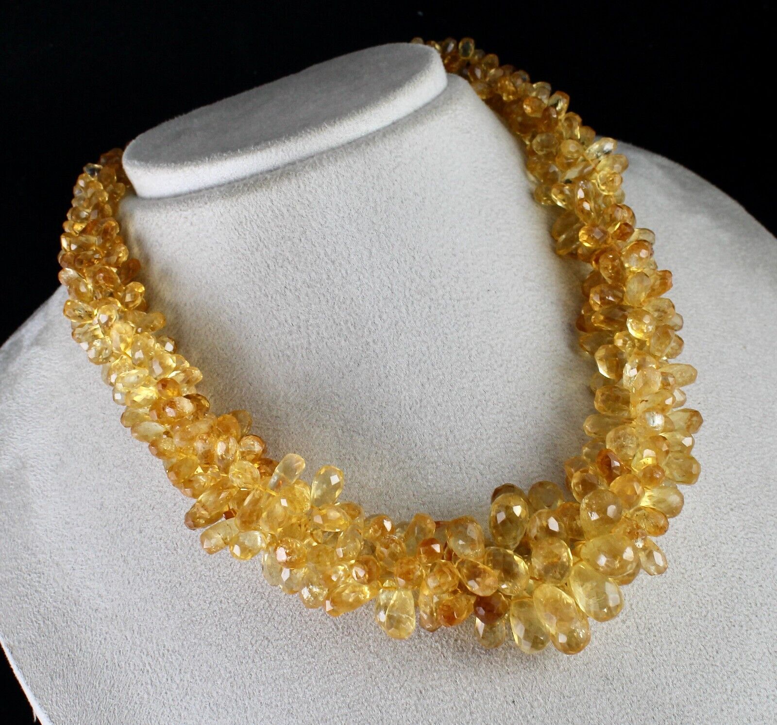 NATURAL CITRINE BEADS FACETED TEAR DROPS 3 LINE 827 CT GEMSTONE FASHION NECKLACE