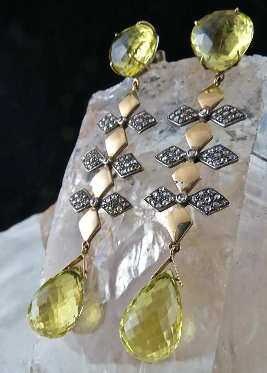 Natural Lemon Quartz Teardrop 10ct Diamond 18k Gold Sterling Silver Earrings