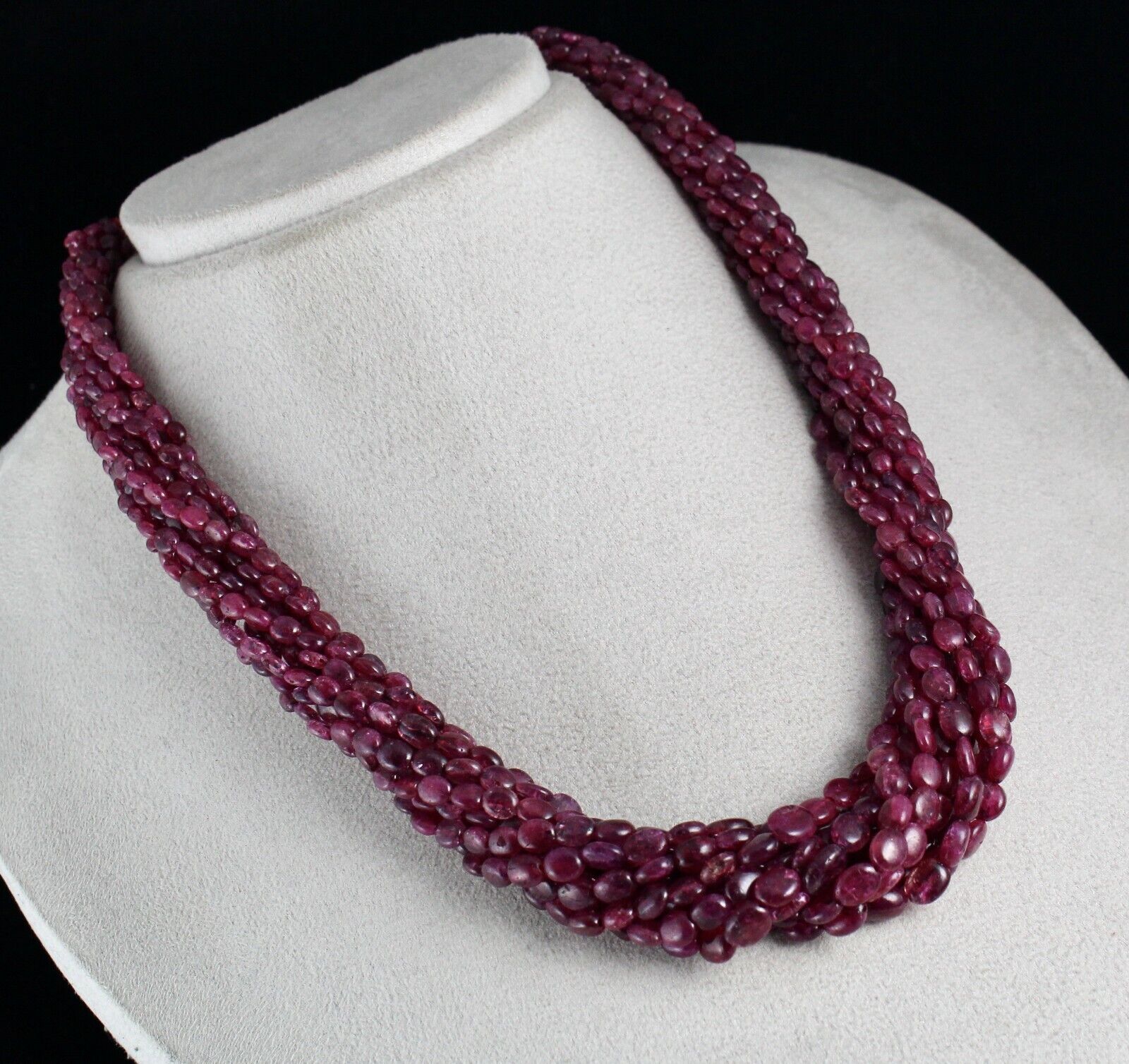 RUBY CORUNDUM BEADS LONG 11 LINE 850 CARATS OLD DYED GEMSTONE SILVER NECKLACE