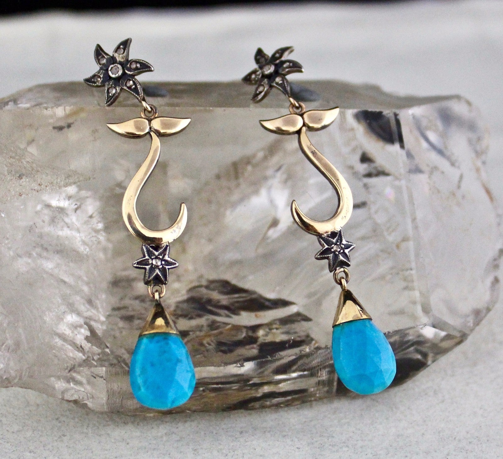 Victorian 18k Yellow Gold Silver Blue Turquoise 10ct Natural Diamond Earrings