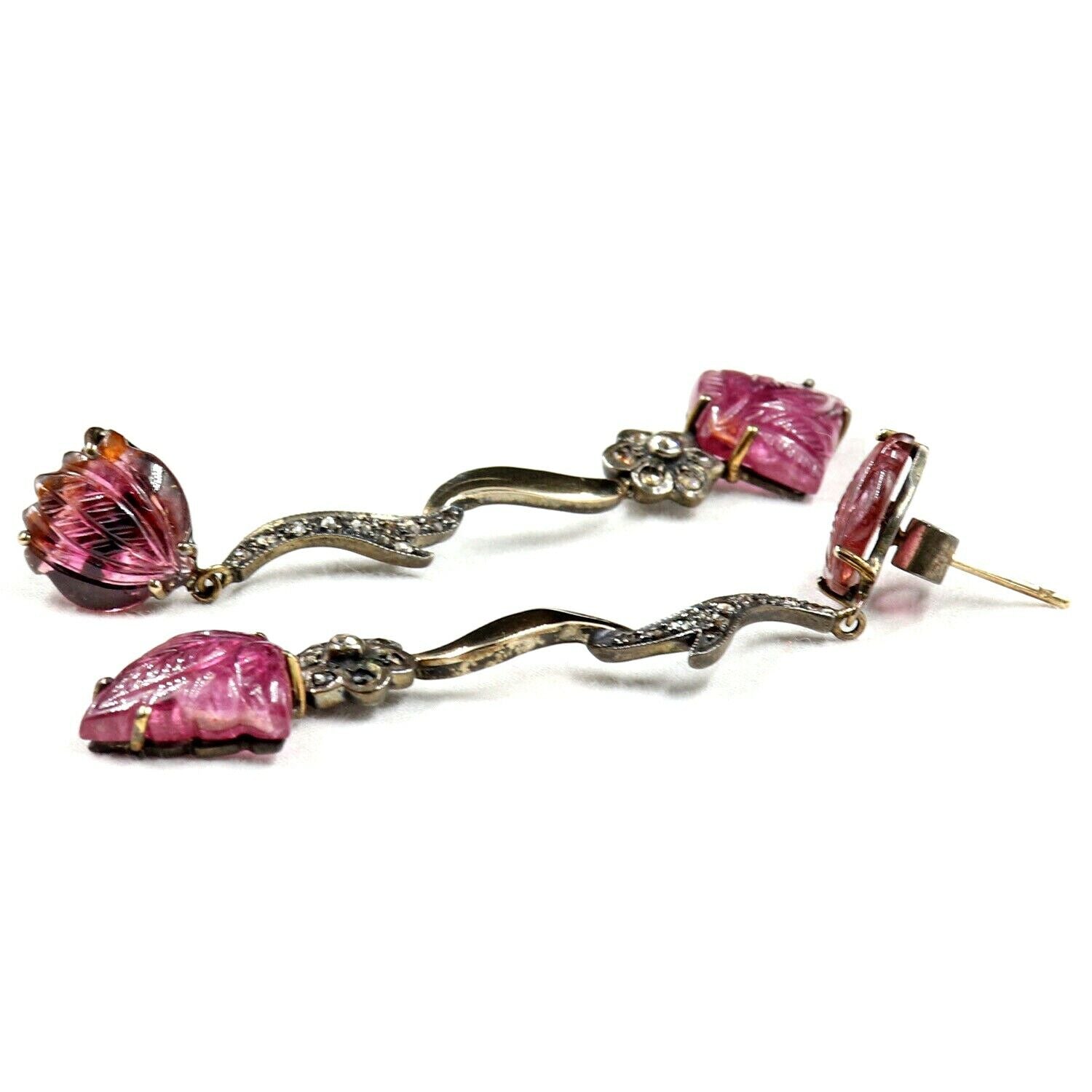 Natural Pink Tourmaline Carved Diamond 18K Gold 925 Silver Victorian Earring