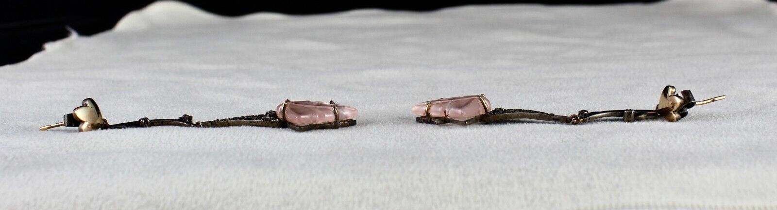 NATURAL ROSE QUARTZ CARVED LEAF DIAMOND 18K GOLD 925 SILVER VICTORIAN EARRING