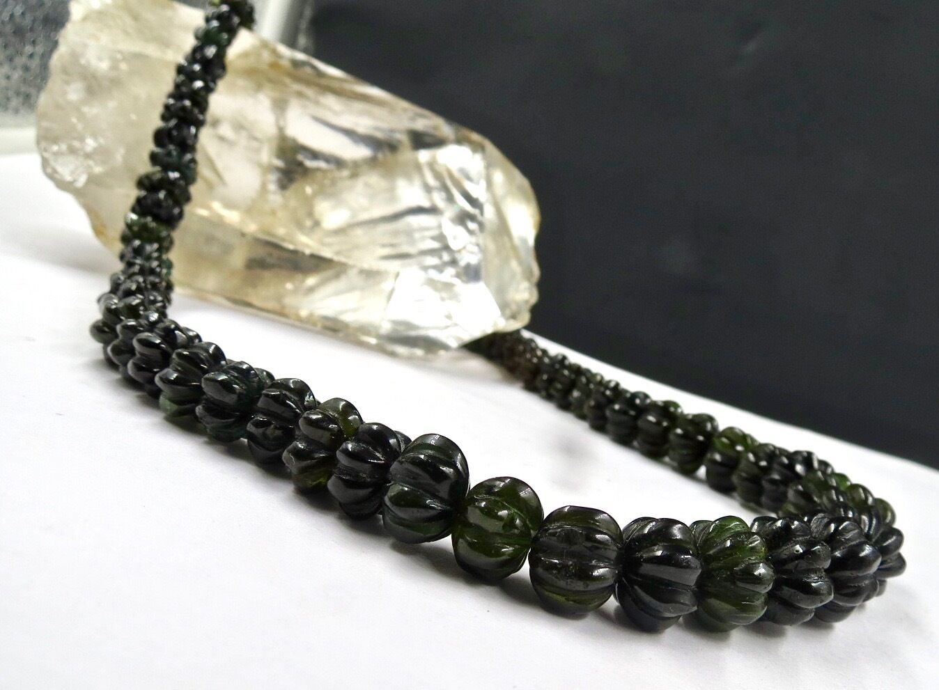 NATURAL BLACK TOURMALINE BEADS CARVED MELON 285 CARATS GEMSTONE SILVER NECKLACE