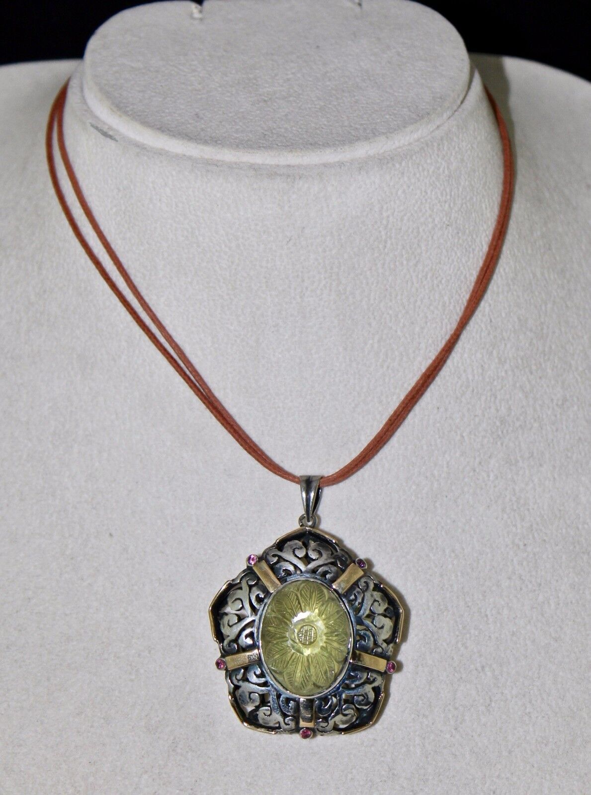 Natural Lemon Quartz Carved Oval Garnet Cut 18K Gold 925 Silver Carved Pendant