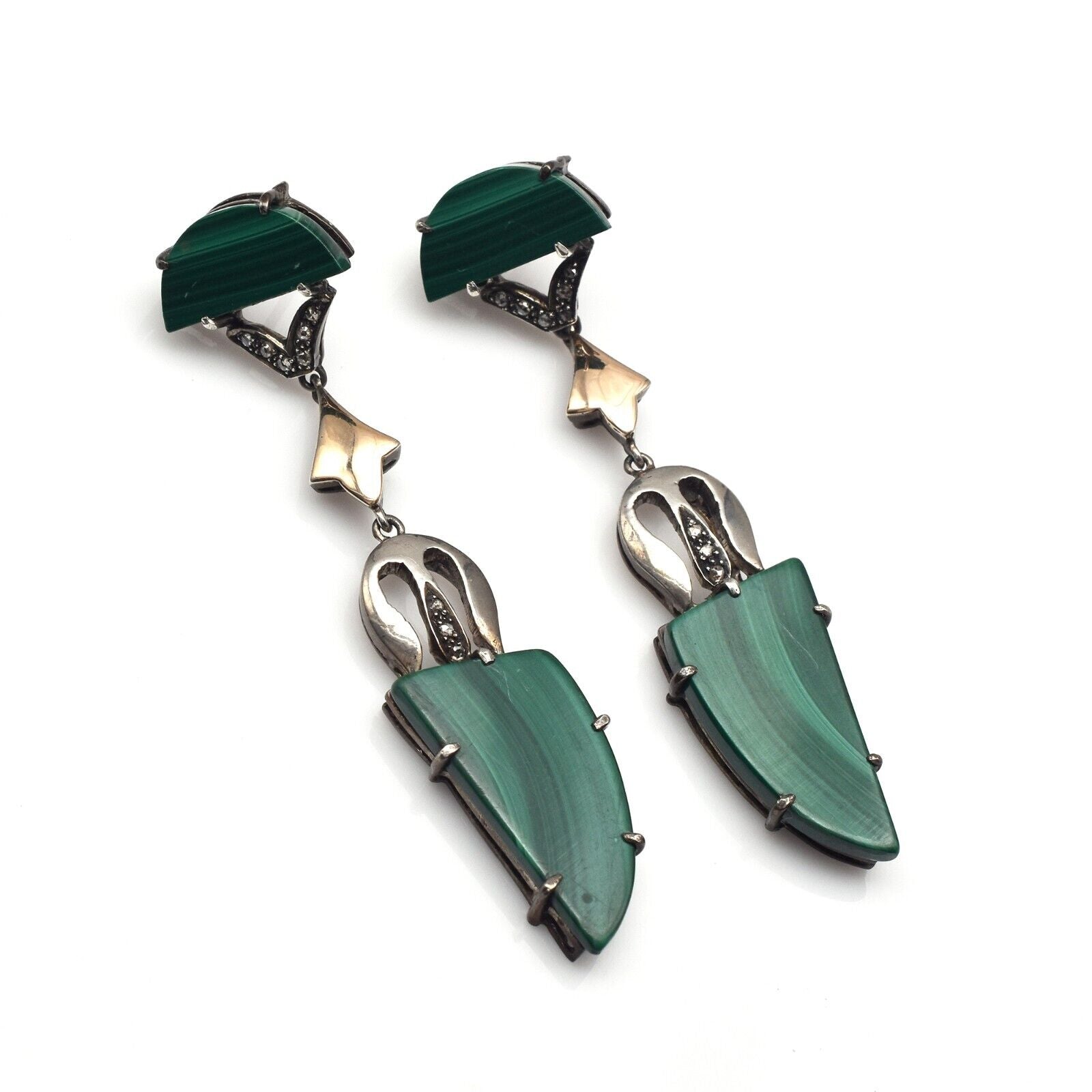Vintage Natural Green Malachite Diamond Silver 18K Gold Victorian Dangle Earring