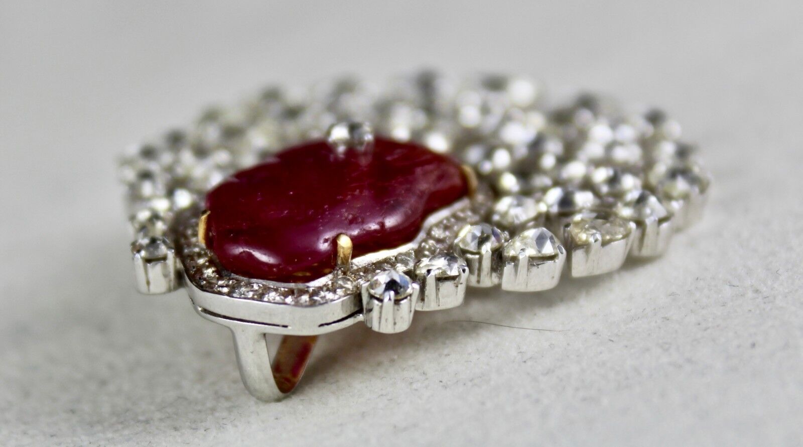 NATURAL NO HEAT BURMA RUBY CABOCHON ROSE CUT DIAMOND 18K GOLD PENDANT BROOCH