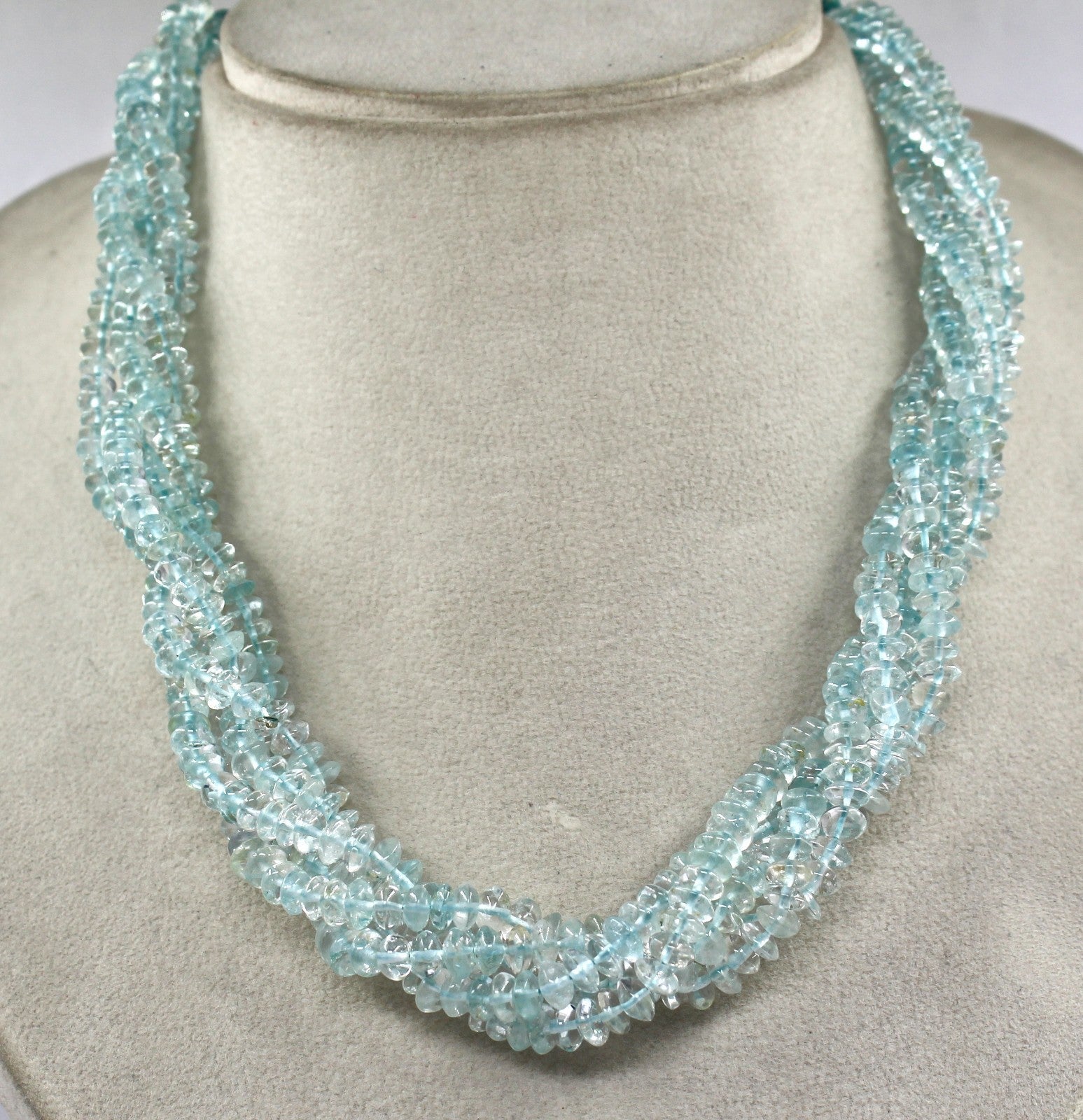 Sterling Silver Blue Topaz Beads Necklace 3 Line 568 Ct Gemstone For Women