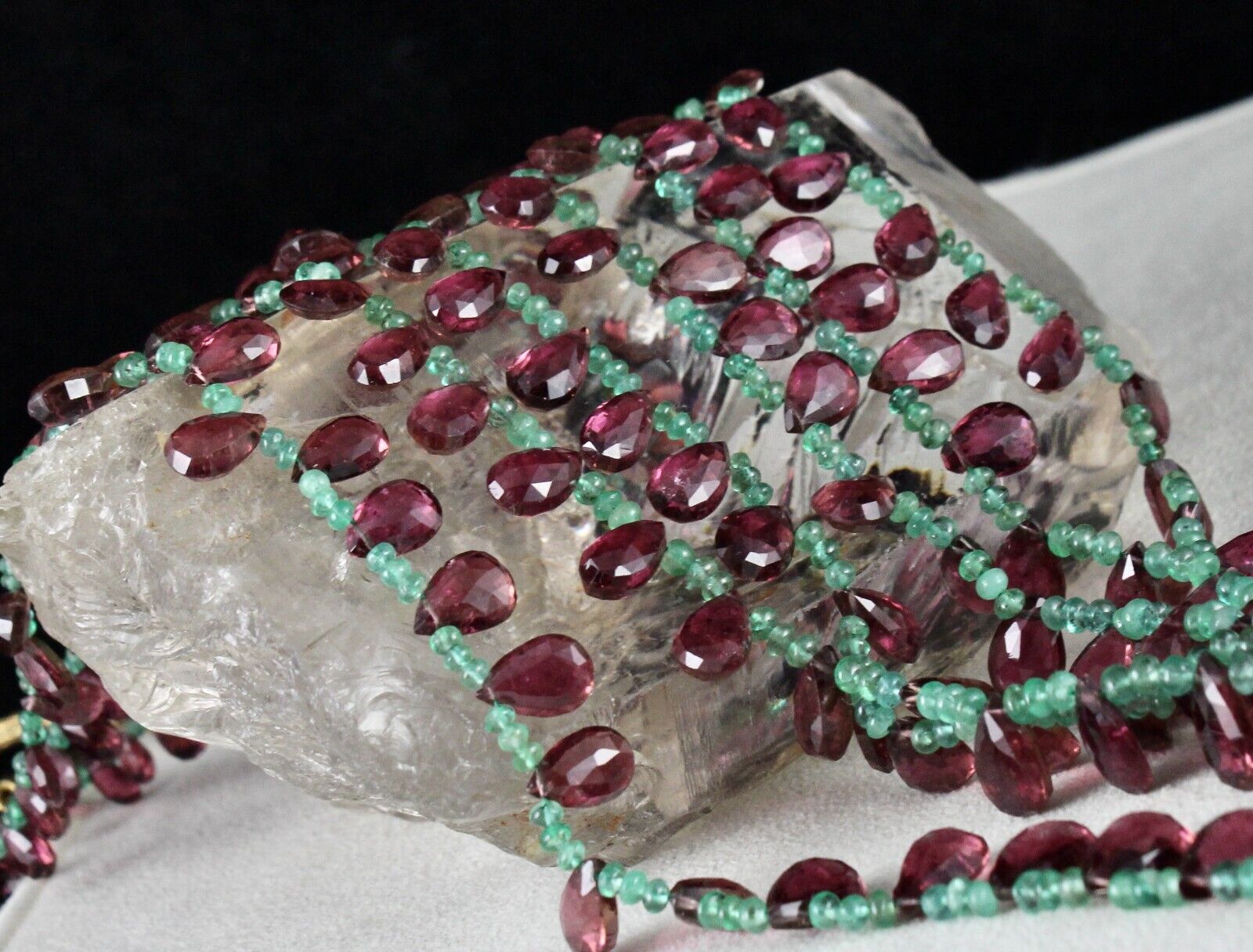 NATURAL TOURMALINE RUBELLITE TEARDROPS EMERALD BEADED 3L 596 CT FINEST NECKLACE
