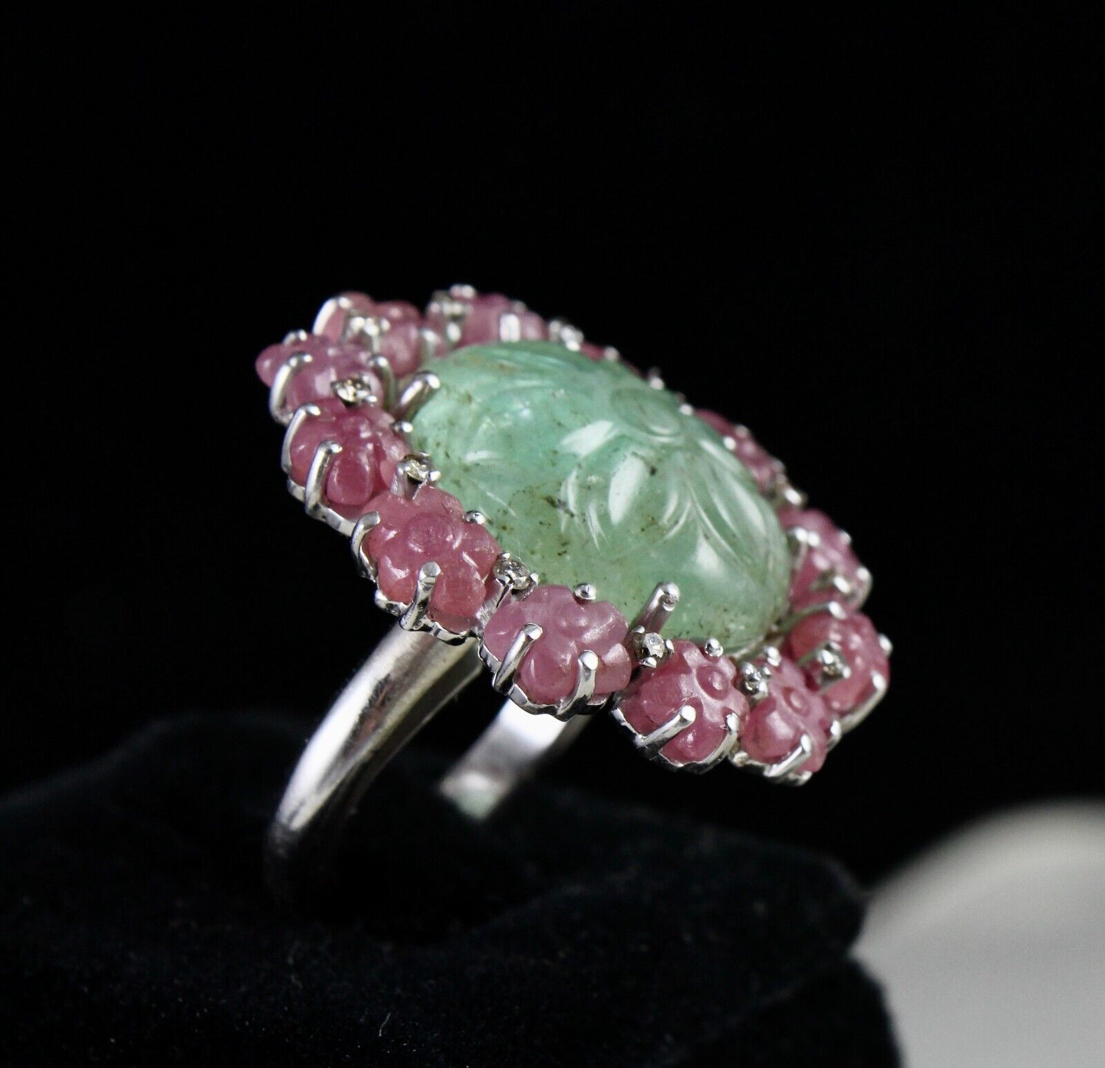 Antique Natural Emerald Ruby Carved Gemstone Diamond Silver Big Cocktail Ring