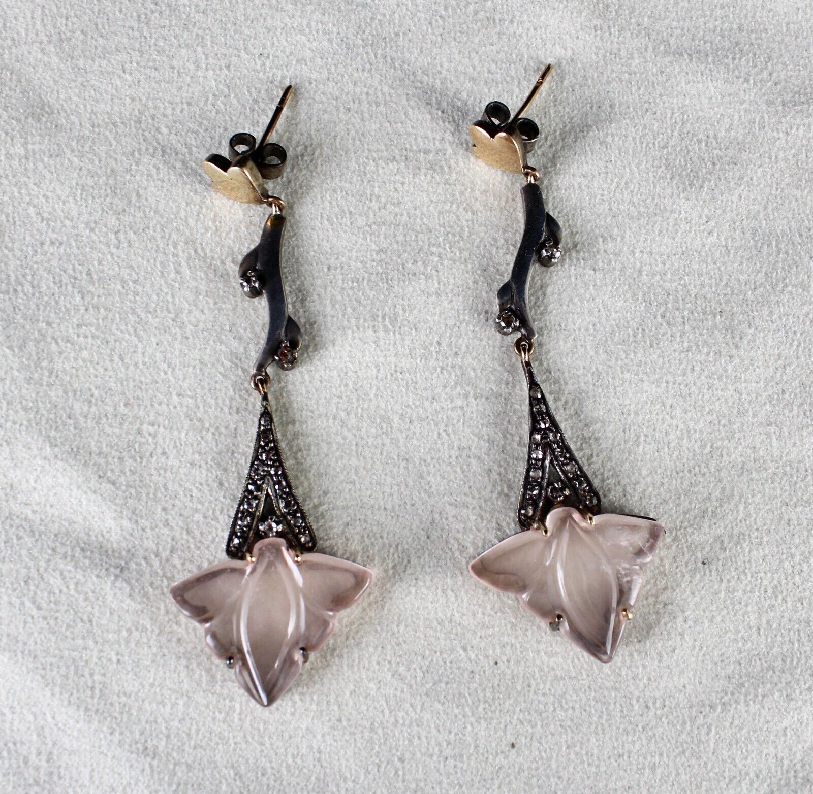 NATURAL ROSE QUARTZ CARVED LEAF DIAMOND 18K GOLD 925 SILVER VICTORIAN EARRING