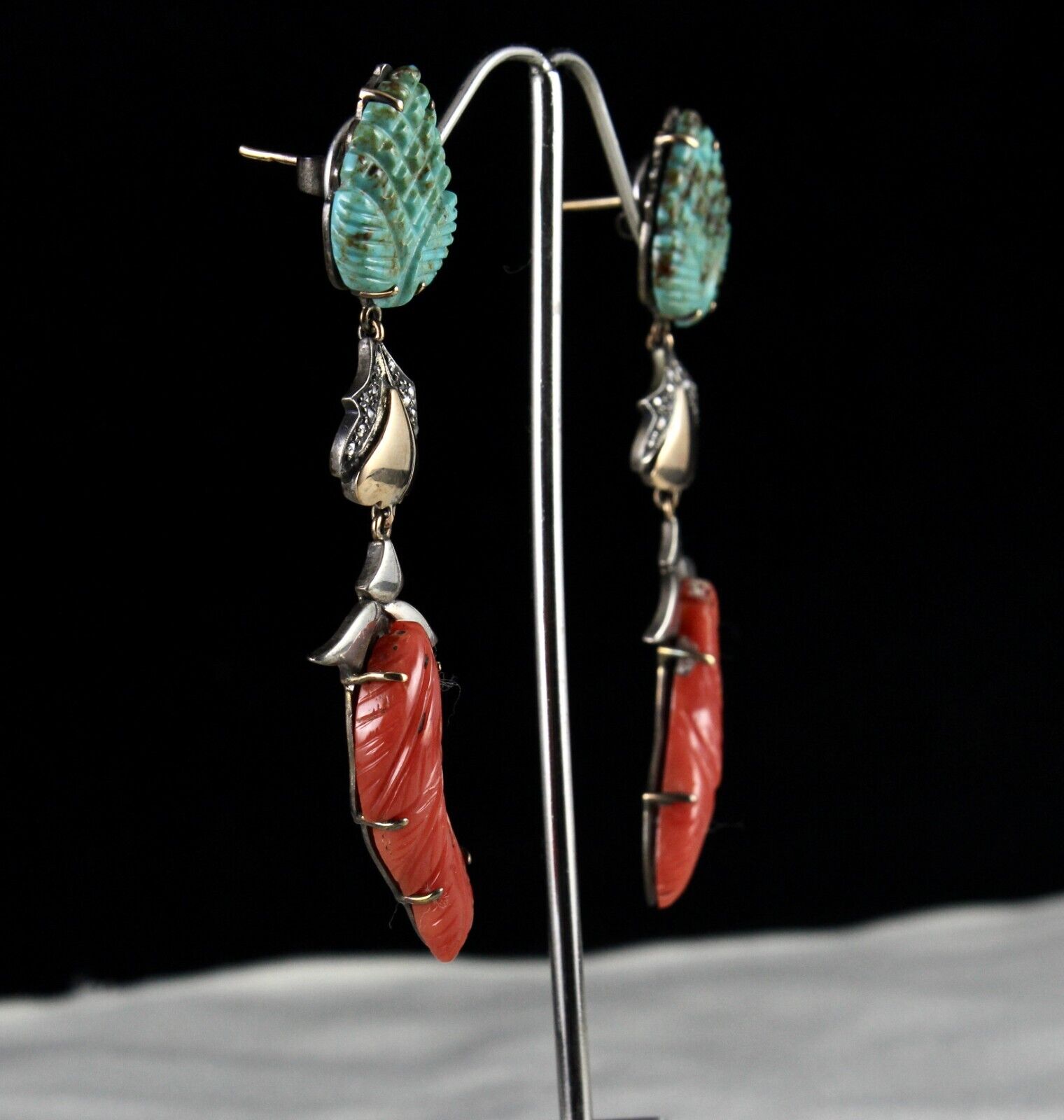 NATURAL TURQUOISE CORAL CARVED DIAMOND 18K GOLD 925 SILVER VICTORIAN EARRING