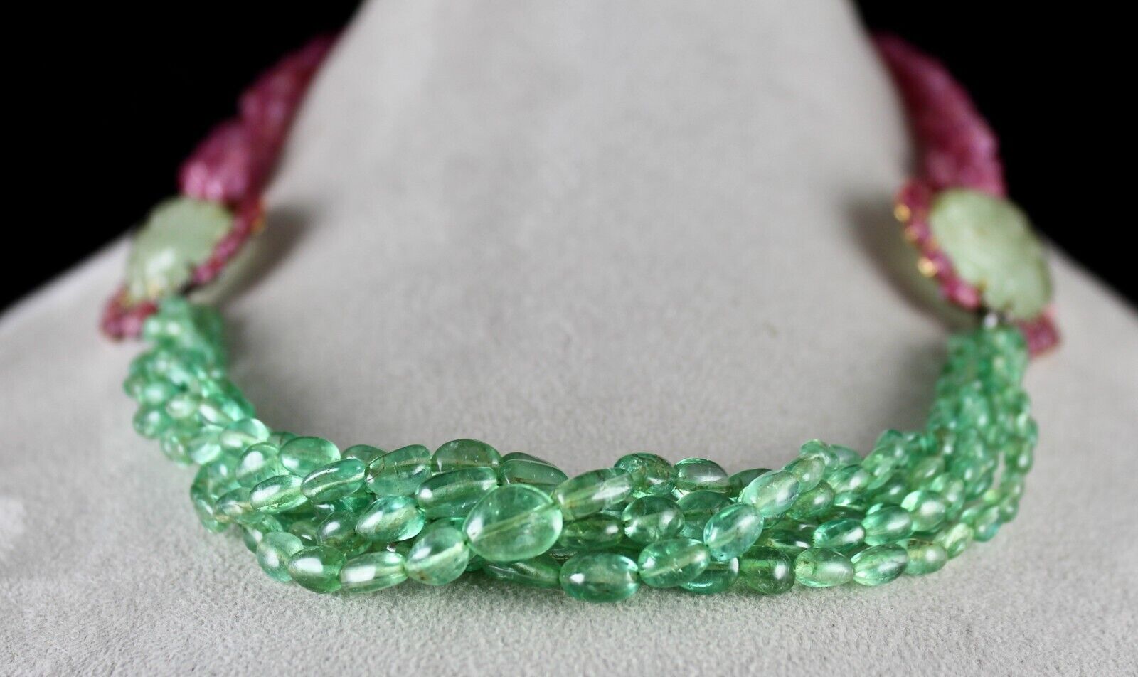 NATURAL COLOMBIAN EMERALD PINK SAPPHIRE BEADS CARVED GEMSTONE 18K GOLD NECKLACE