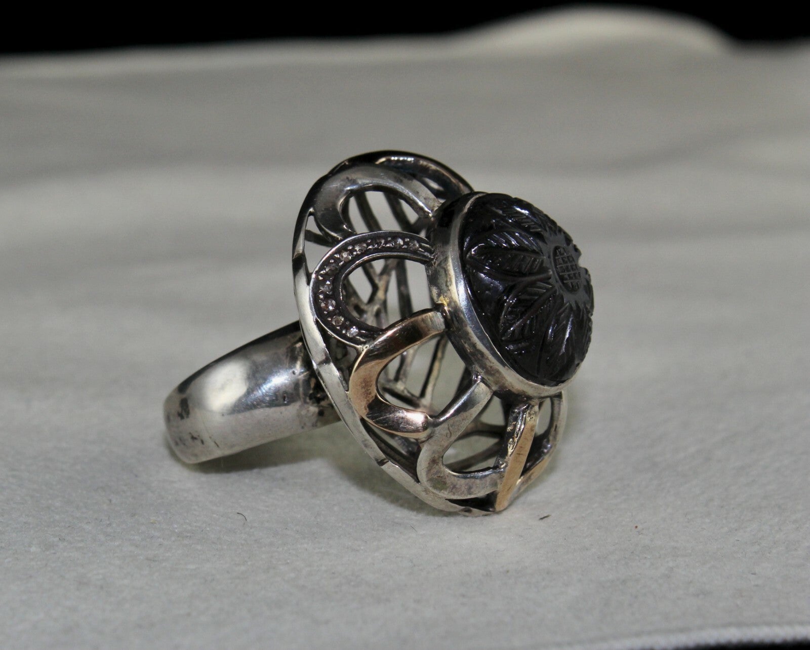 Natural Iolite 126ct Natural Diamond 18k Gold Silver Victorian Cocktail Ring