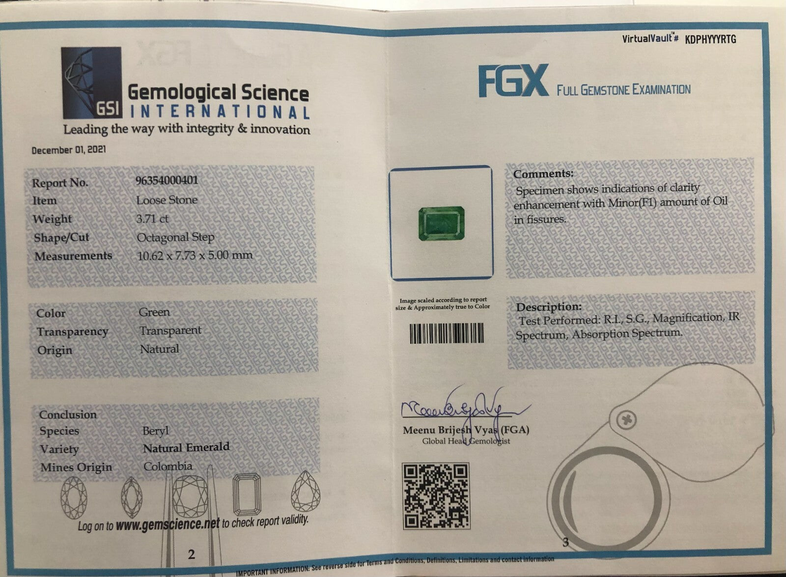 Certified Natural Colombian Emerald Octagon 3.71ct Sterling Silver Ring Pendant