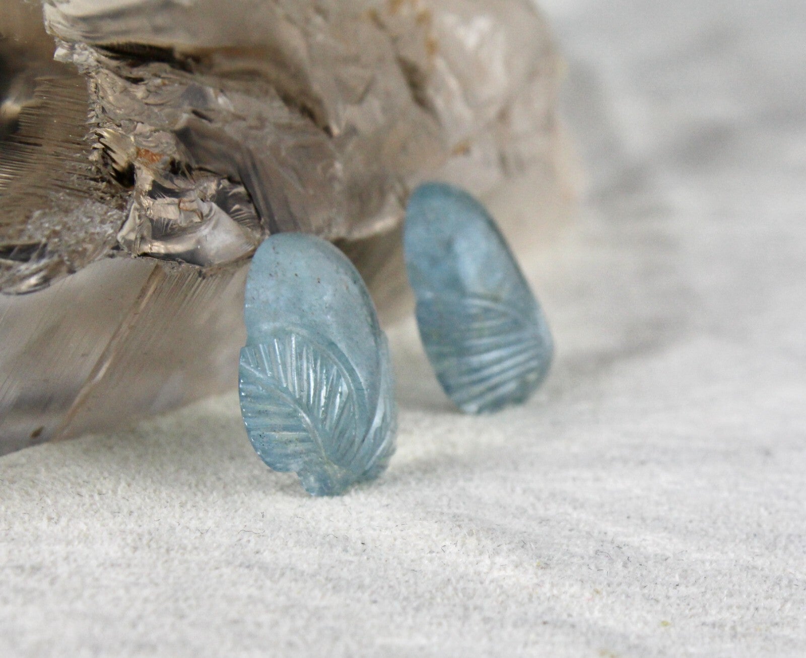 Natural Blue Aquamarine 13.60ct Carved Leaves Gemstone Pair For Earrings