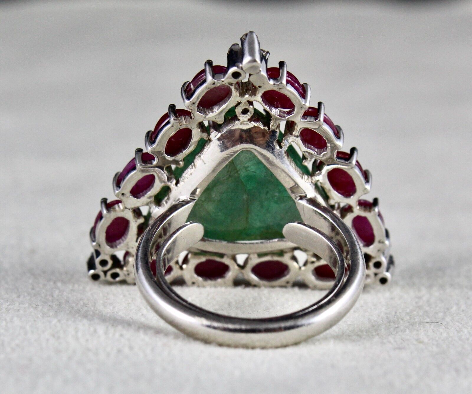 Antique Natural Emerald Ruby Cabochon Gemstone Diamond Silver Big Cocktail Ring