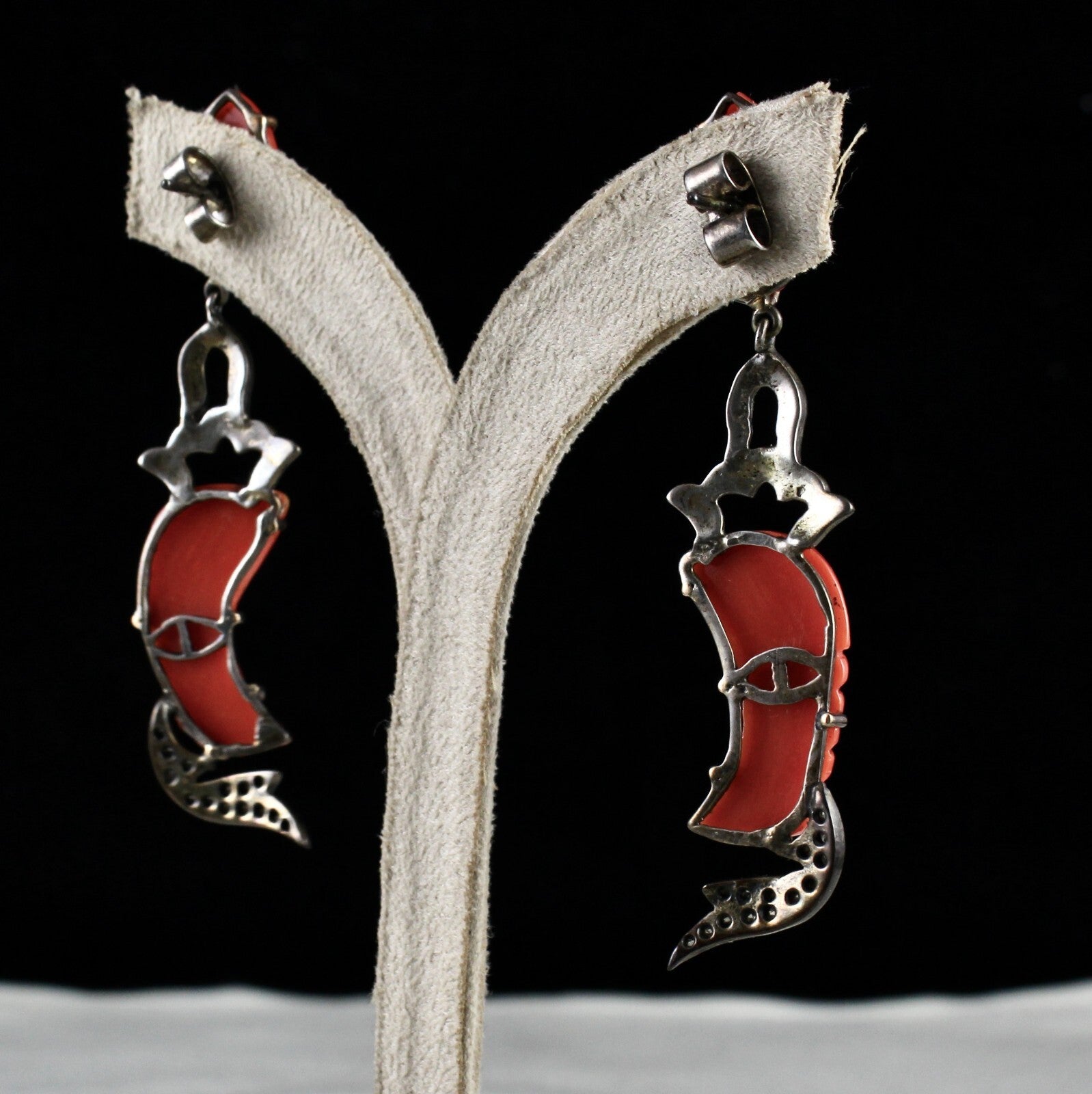 Estate Victorian Natural Red Coral 10ct Natural Diamond Sterling Silver Earrings