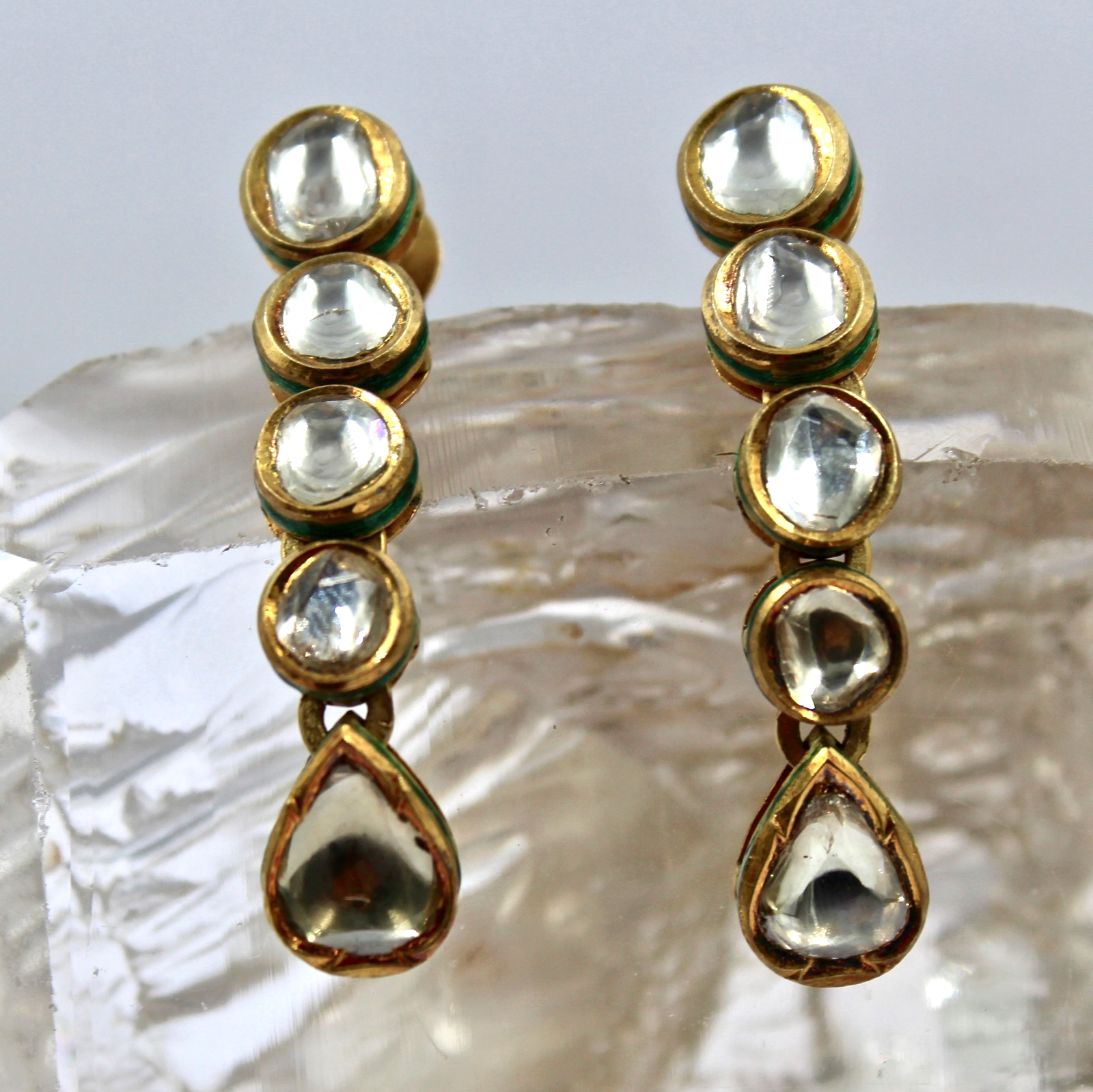 Certified Natural Diamond 74.45ct 22k Gold Jadau Kundan Meena Vintage Earrings