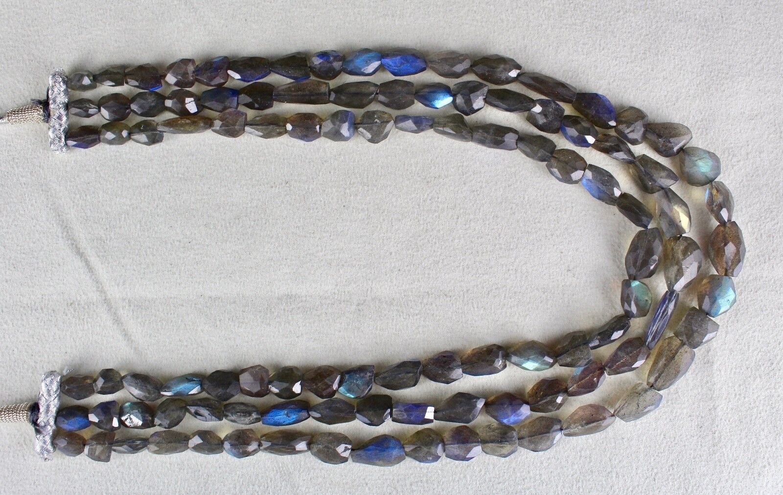 NATURAL BLACK LABRADORITE BEADS FACETED TUMBLE 3 LINE 573 CTS GEMSTONE NECKLACE