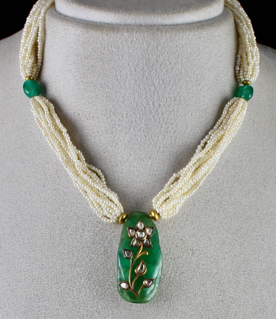 Certified Natural Emerald Cabochon 55ct Jadau Diamond 22k Gold Pearl Necklace