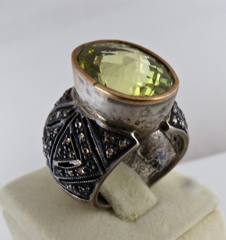 NATURAL LEMON QUARTZ OVAL GEMSTONE DIAMOND 18 K GOLD & 925 SILVER LADIES RING