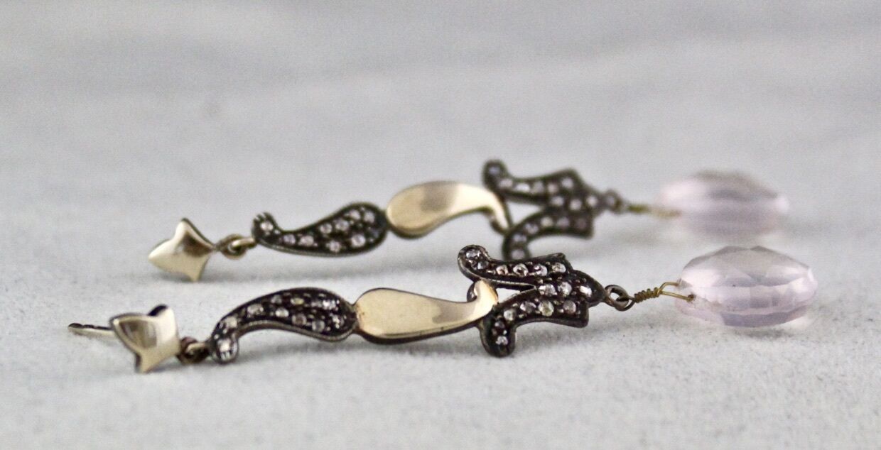 NATURAL ROSE QUARTZ TEAR DROPS DIAMOND 18K GOLD 925 SILVER VICTORIAN EARRING