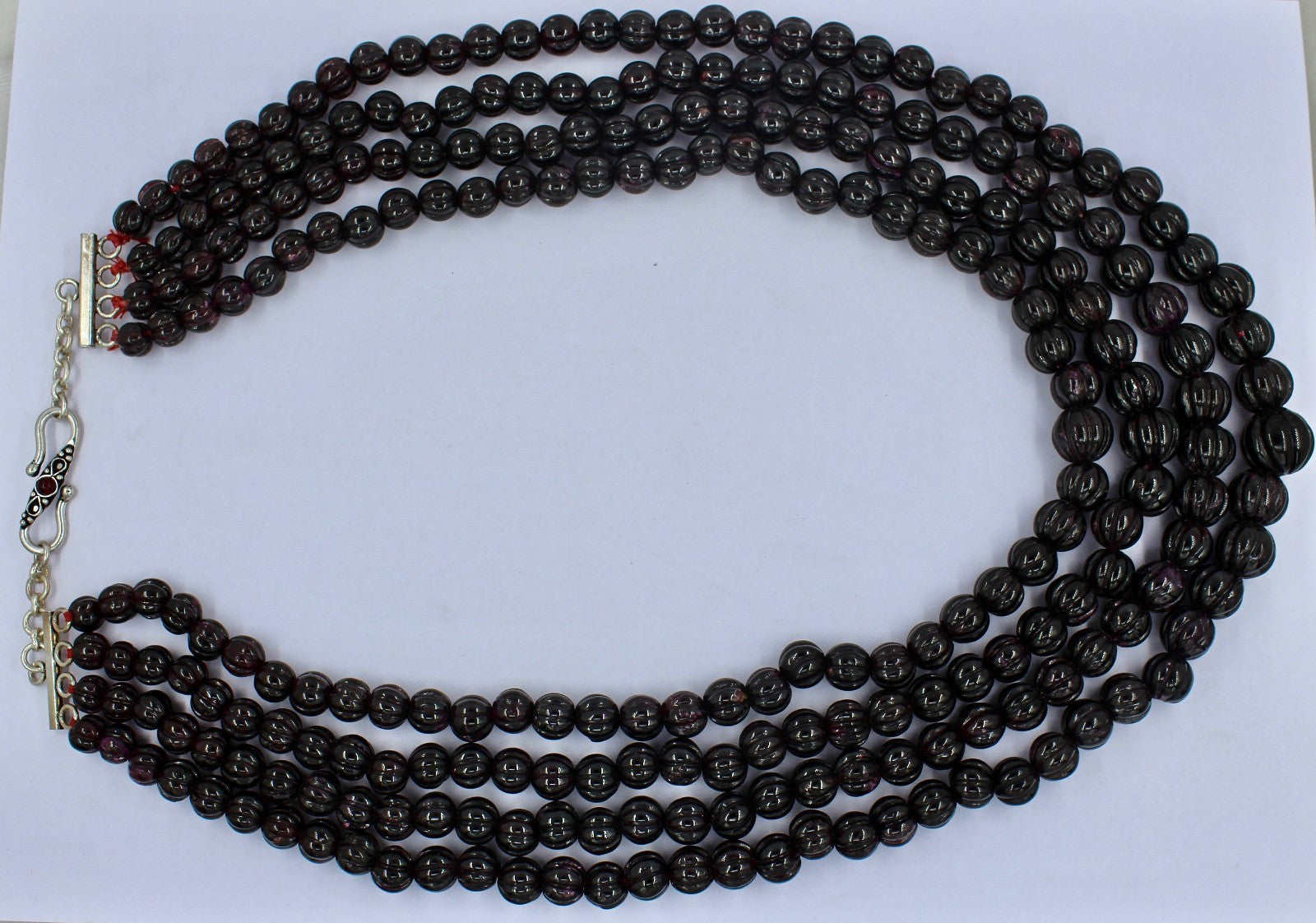 Natural Garnet 2392 Ct Carved Melon Beads Necklace Sterling Silver Hook