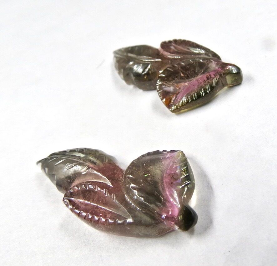 NATURAL MULTI TOURMALINE CARVED LEAVES 2 PCS 35.75 CARATS GEMSTONE EARRING