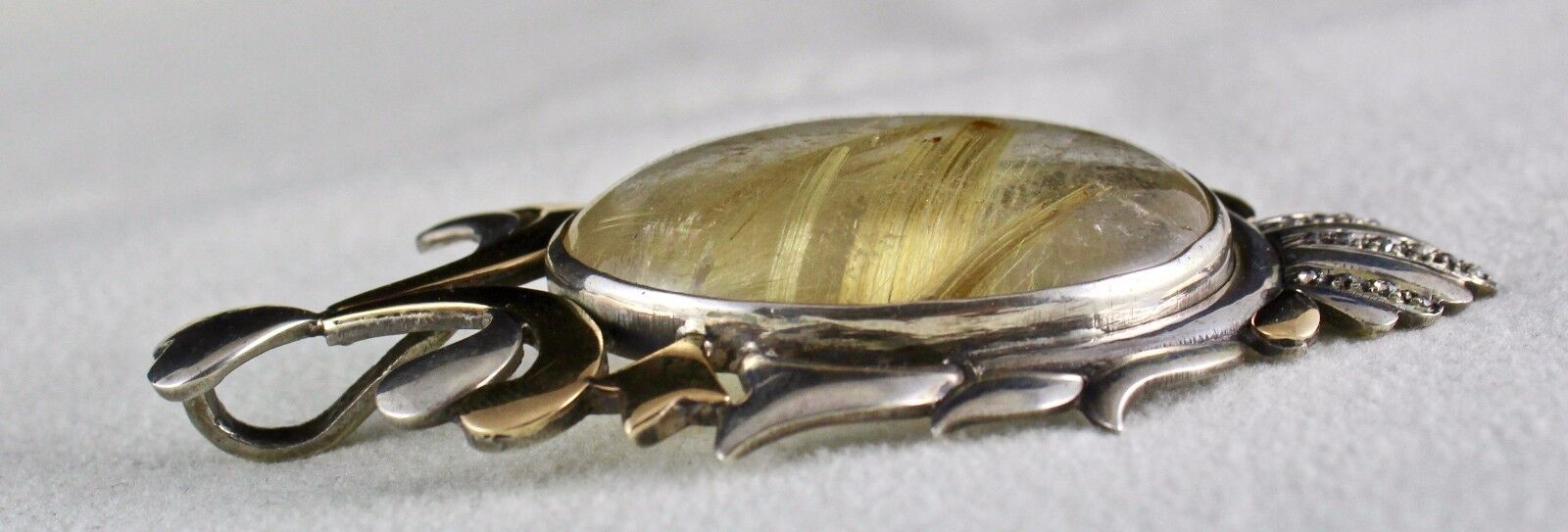 NATURAL RUTILE OVAL CABOCHON 18K GOLD DIAMOND 925 SILVER VICTORIAN PENDANT