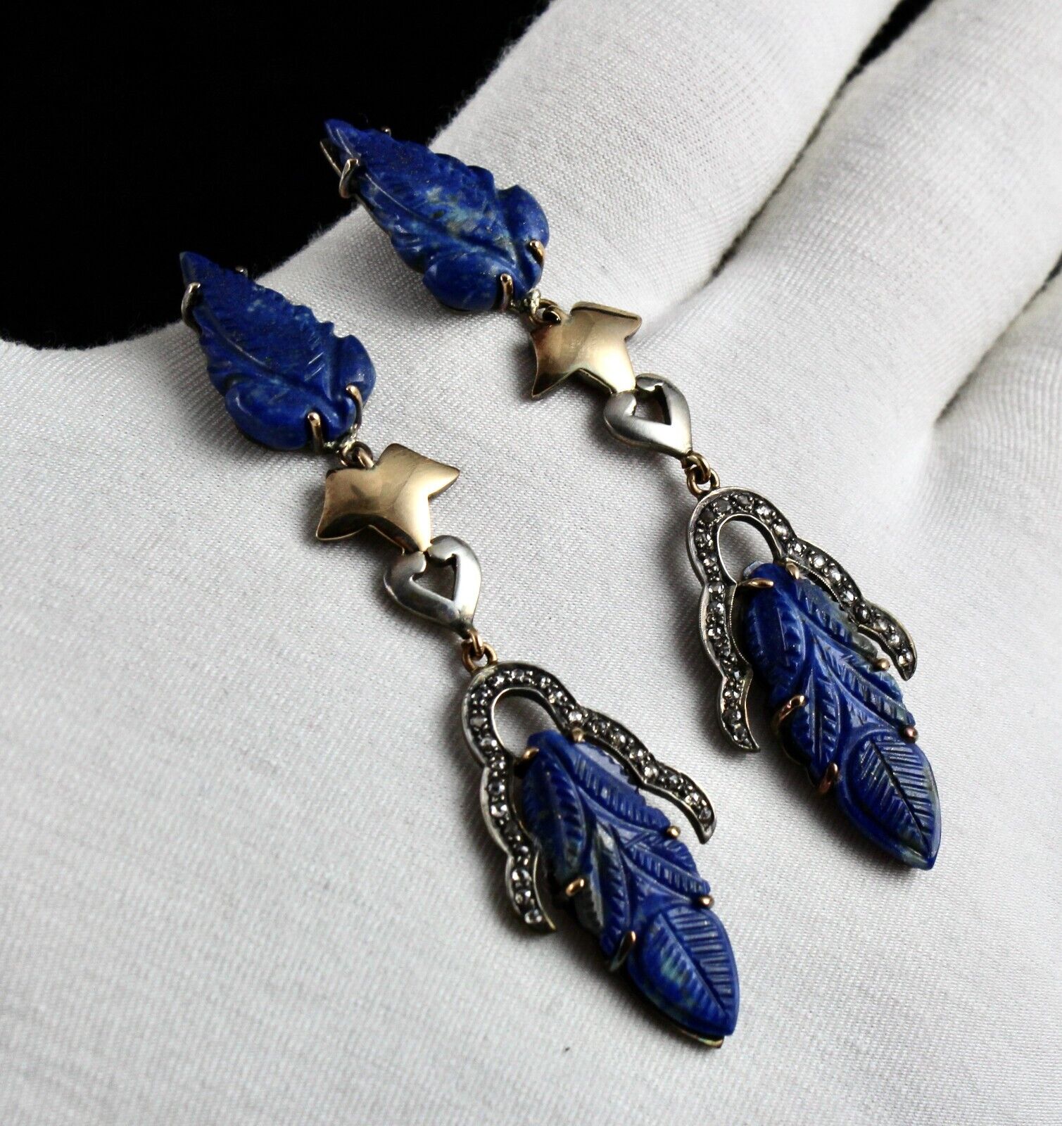 Natural Lapis Lazuli Engraved Leaf Diamond 18K Gold 925 Silver Victorian Earring