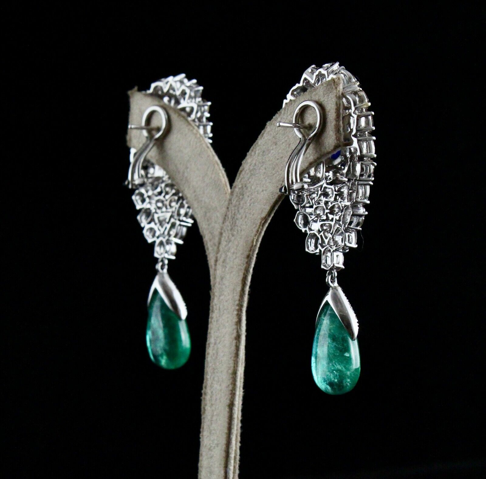 Natural Blue Sapphire Emerald Cabochon Diamond 18K Gold Classic dangle Earring