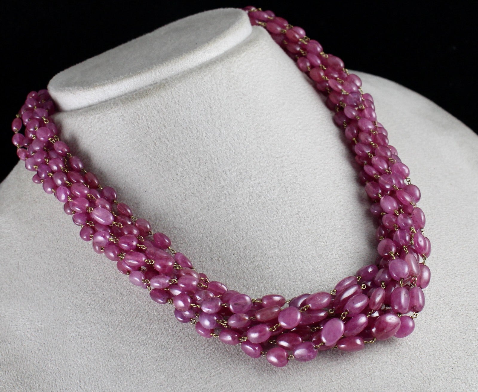 Certified Vintage Ruby Pink Beads Cabochon 9 L 780 Ct 18k Gold Necklace