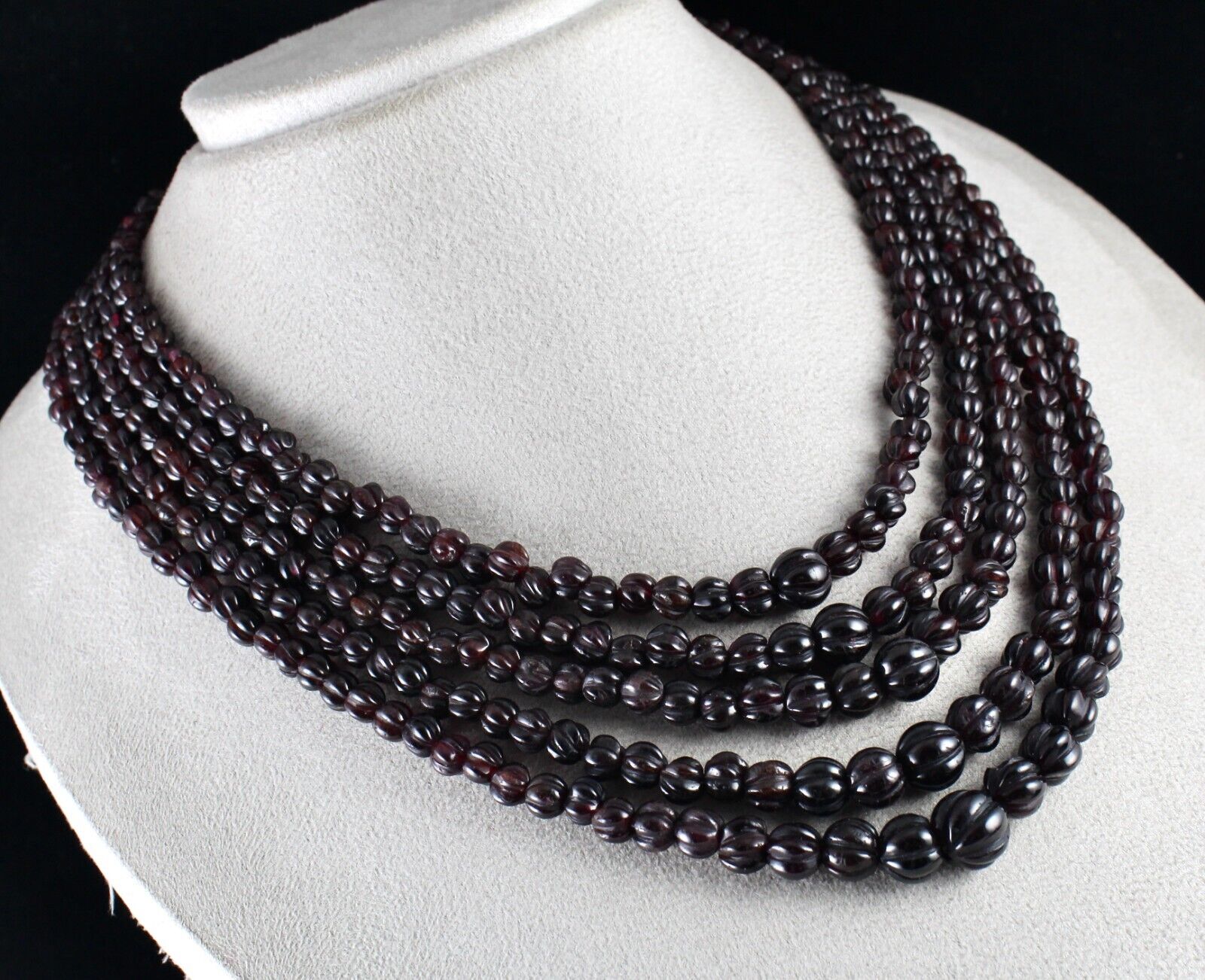 NATURAL GARNET BEADS CARVED MELON 5 LINE 988 CARATS GEMSTONE ANTIQUE NECKLACE