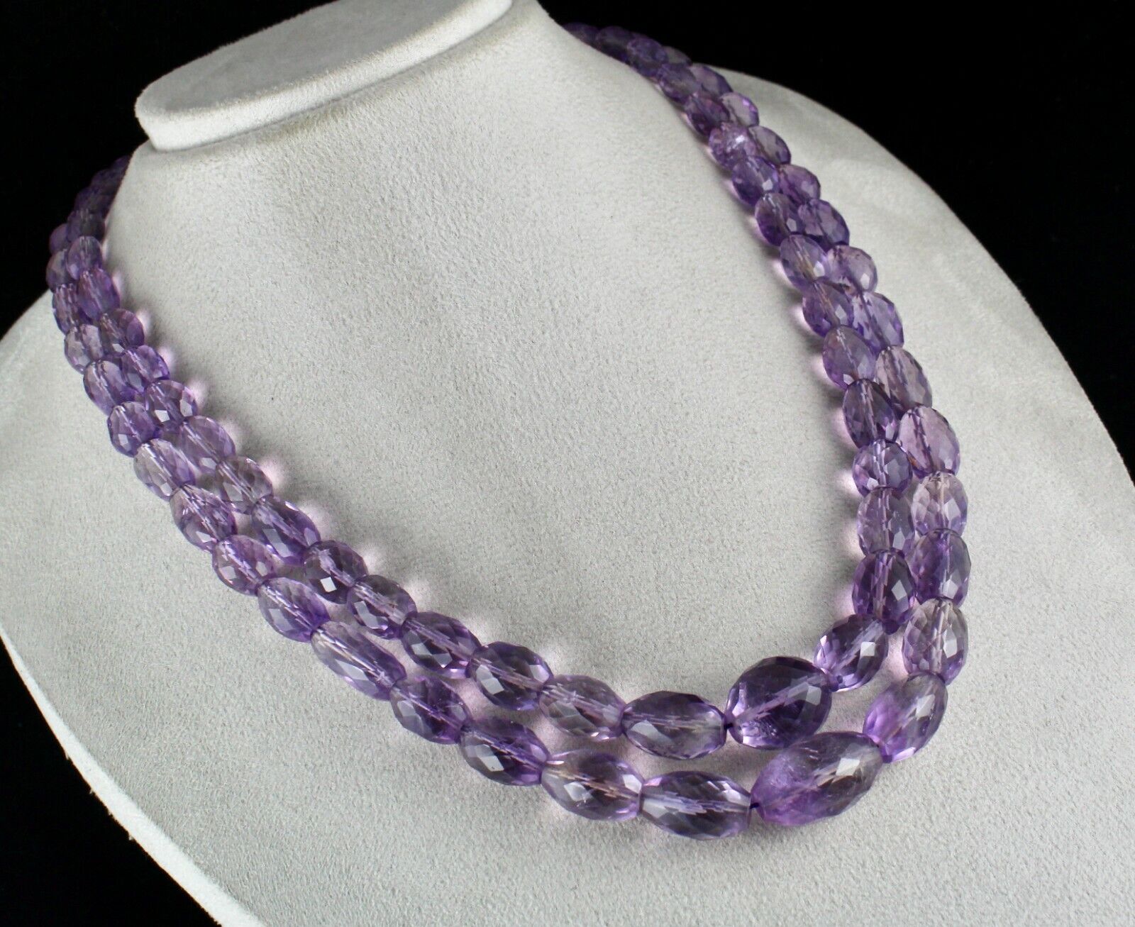 NATURAL AMETHYST BEADS OVAL FACETED 2 LINE 843 CARATS GEMSTONE FASHION NECKLACE