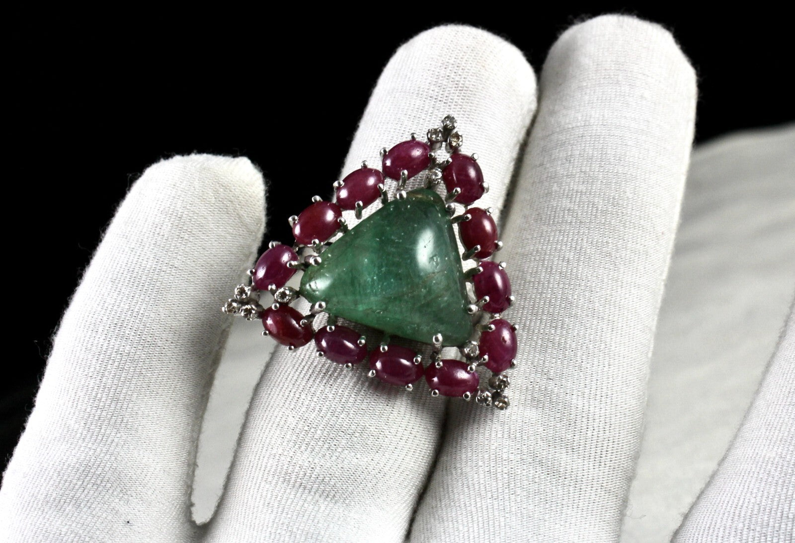 Antique Emerald 10ct Ruby Cabochon Natural Diamond Sterling Silver Ring