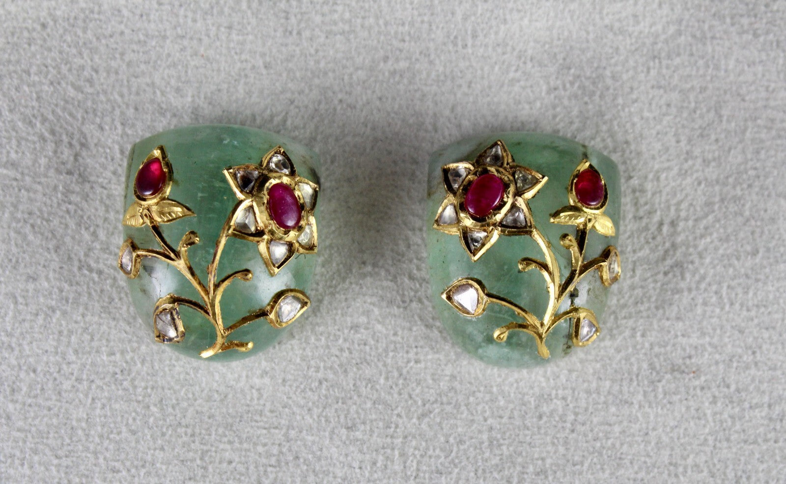 Certified Old Natural Emerald 121ct Cabochon Ruby Natural Diamond 22k Gold Studs