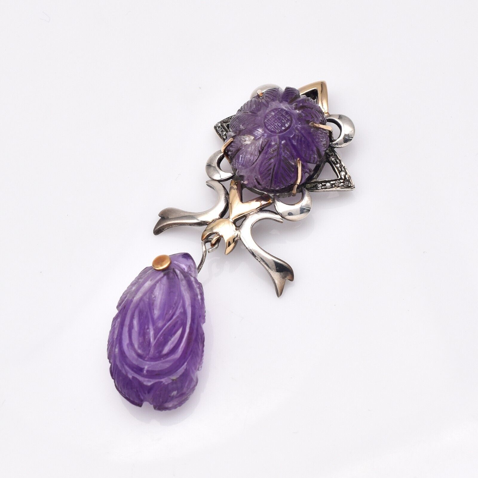 Vintage Natural Amethyst Engraved Diamond 18K Gold 925 Silver Victorian Pendant