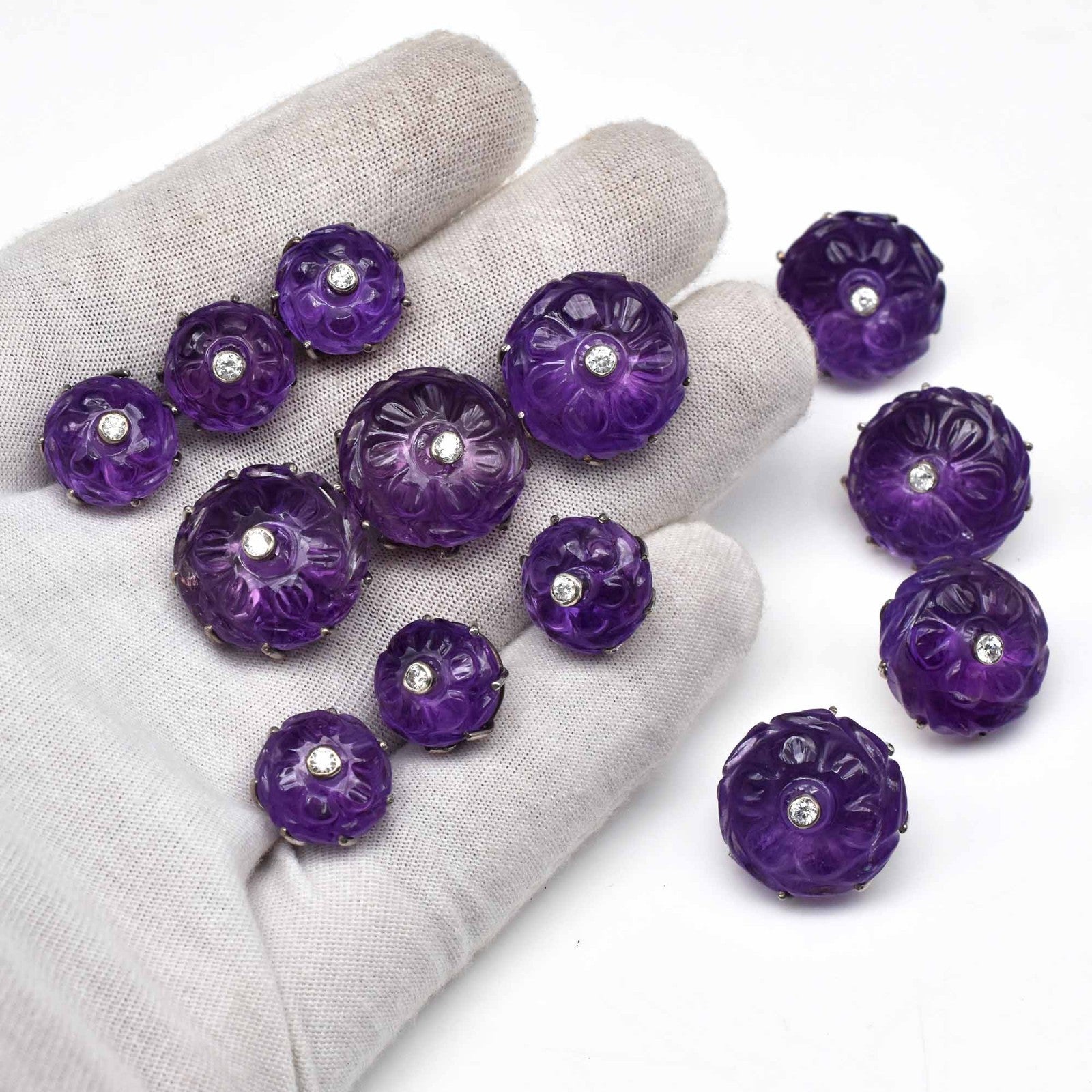 Natural Amethyst Engraved Moissanite 13Pc Silver Men Accessories Sherwani Button