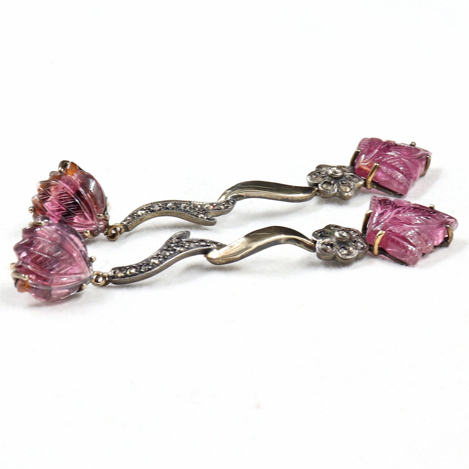 Natural Pink Tourmaline Carved Diamond 18K Gold 925 Silver Victorian Earring